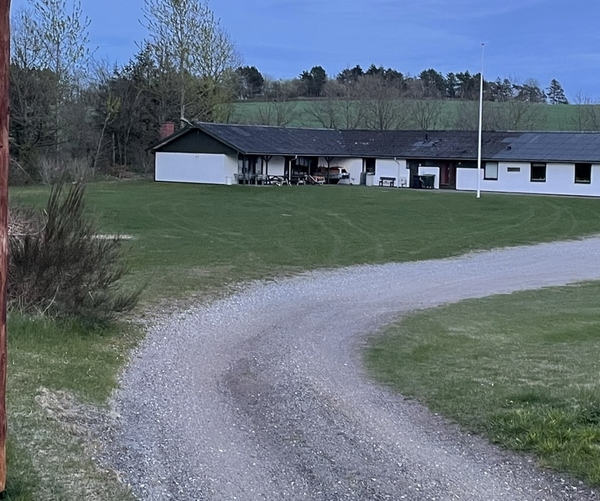 To spejderledere viser en færdselstavle for en gruppe børn